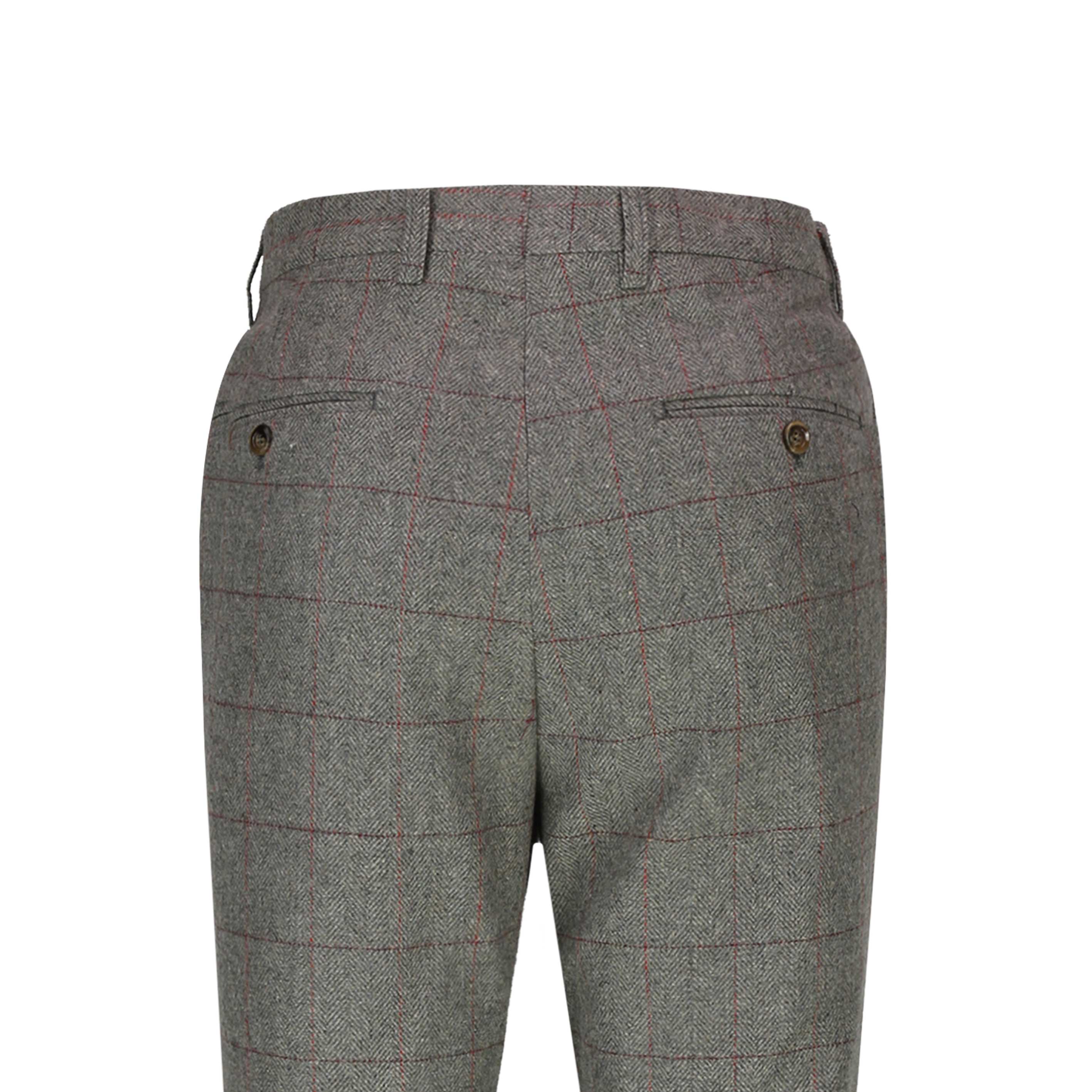 Mens Grey Double Breasted Tweed Herringbone Trousers