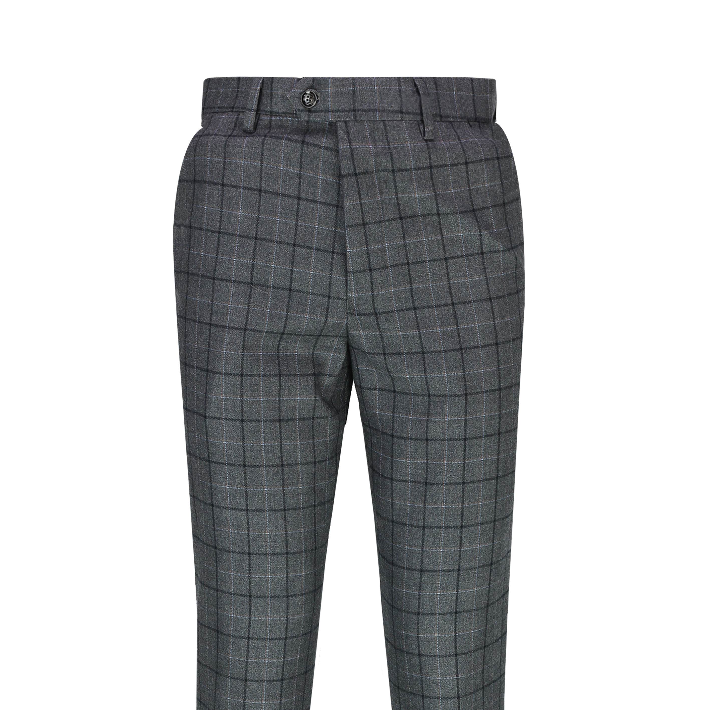 Mens Grey Tweed Windowpane Check Trousers