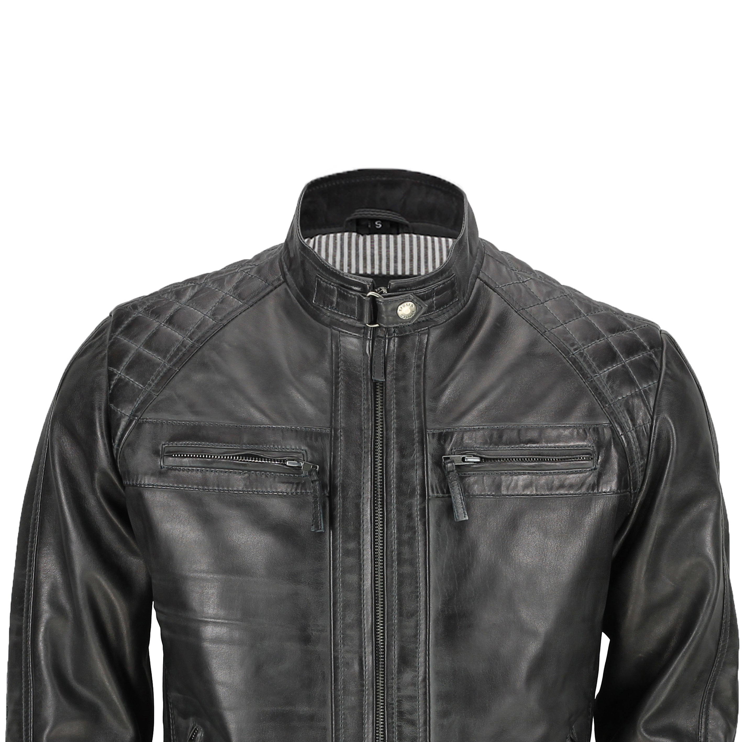 Mens Real Leather Washed Dark Grey Vintage Zipped Smart Casual Biker Jacket