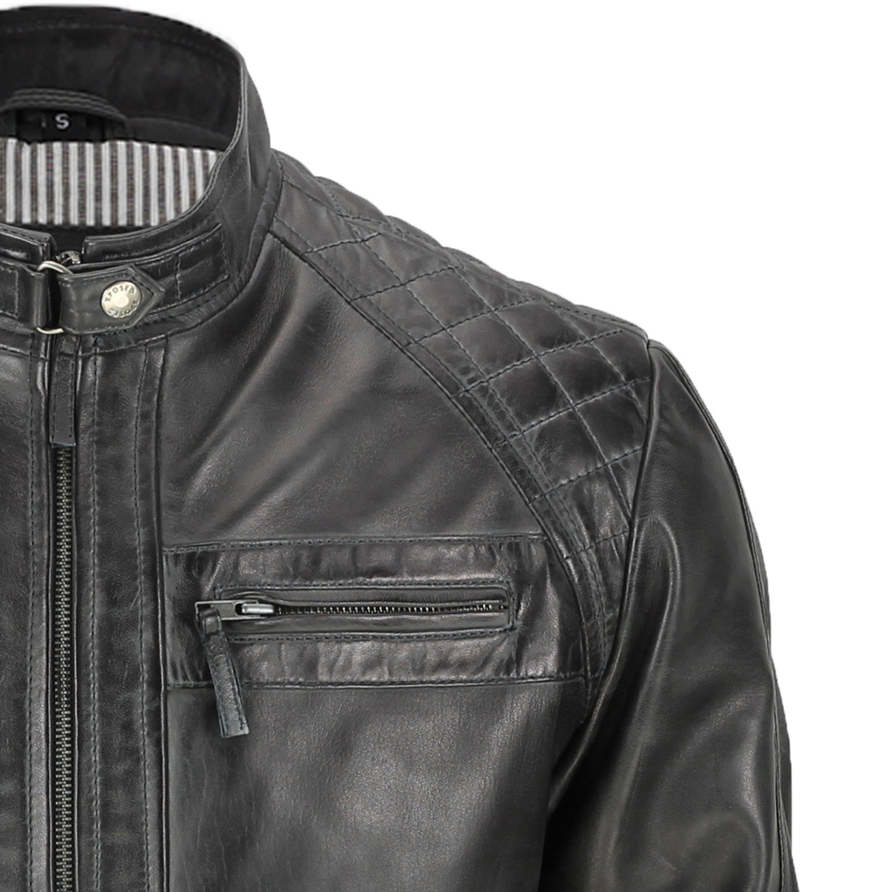 Mens Real Leather Washed Dark Grey Vintage Zipped Smart Casual Biker Jacket