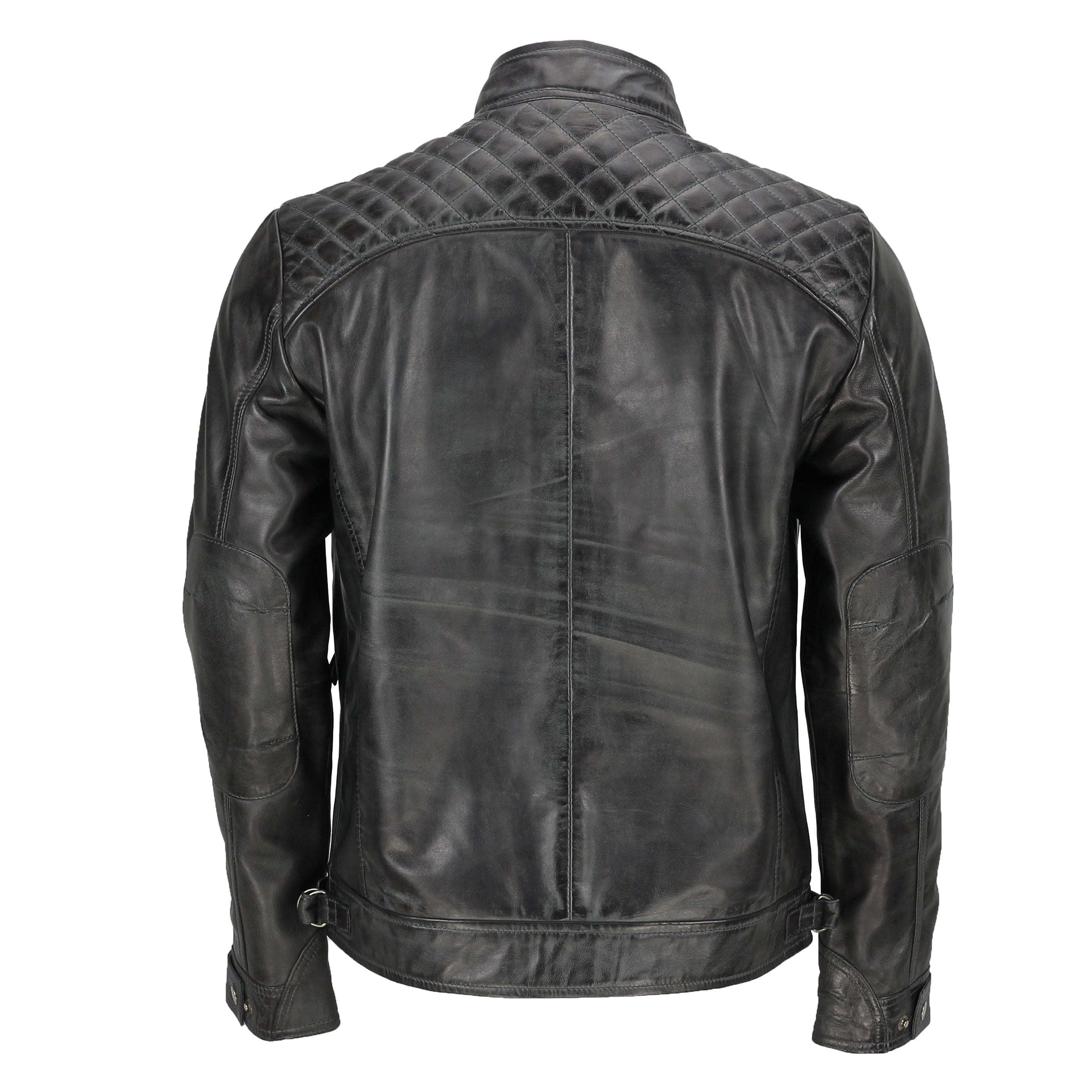 Mens Real Leather Washed Dark Grey Vintage Zipped Smart Casual Biker Jacket