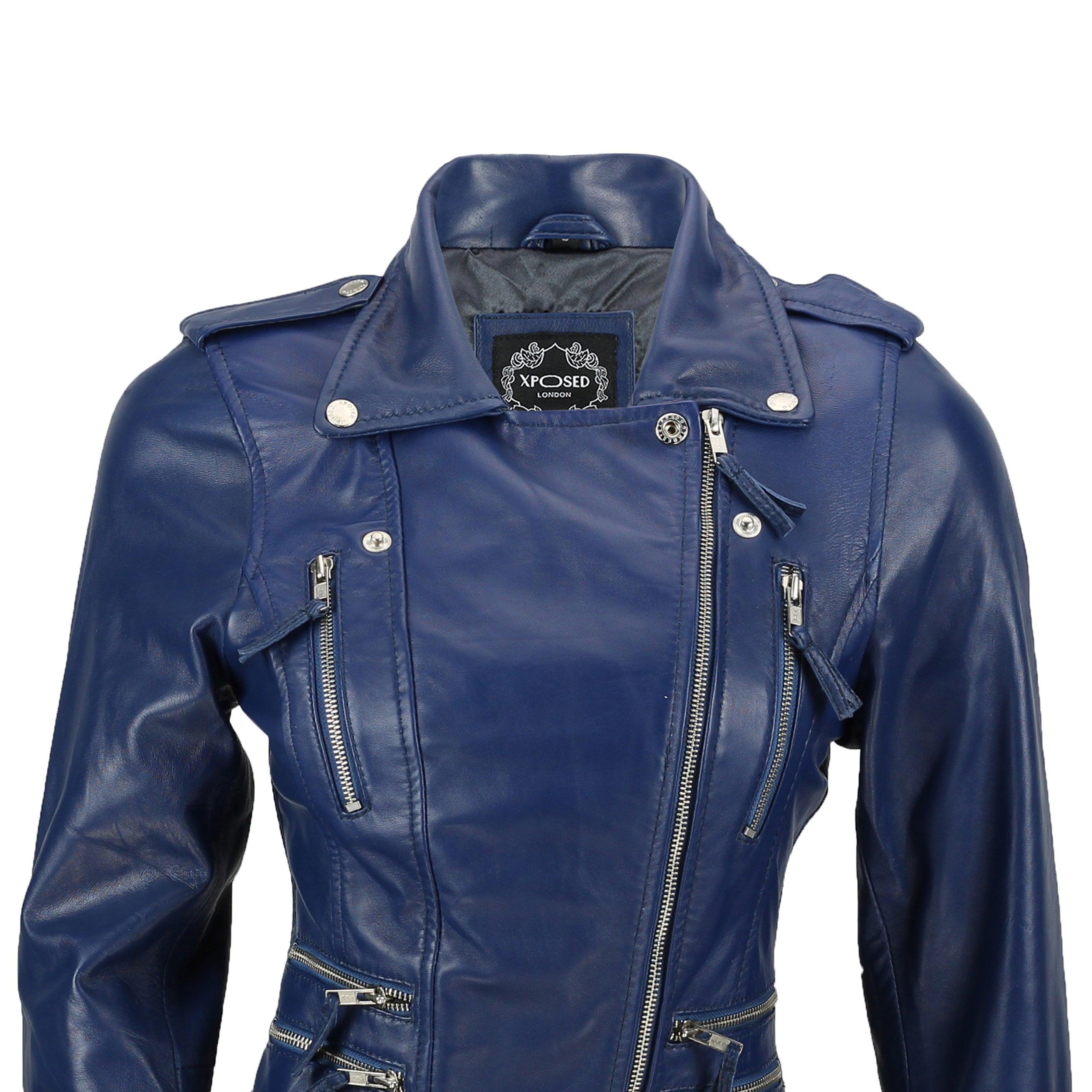 Fitted Leather Biker Jacket Blue