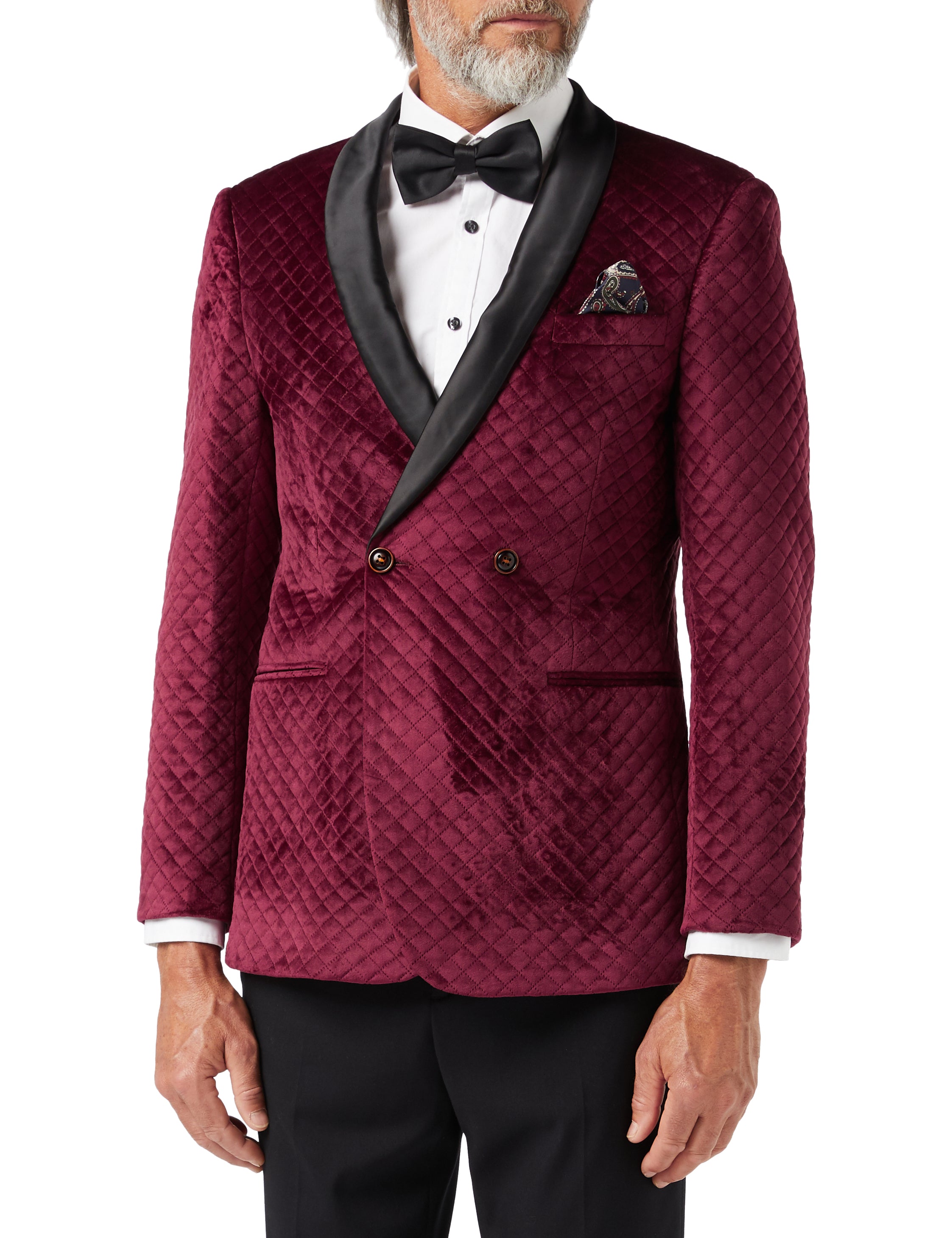 RHOM -Maroon Quilted Velvet Double Breasted Tuxedo  Jacket
