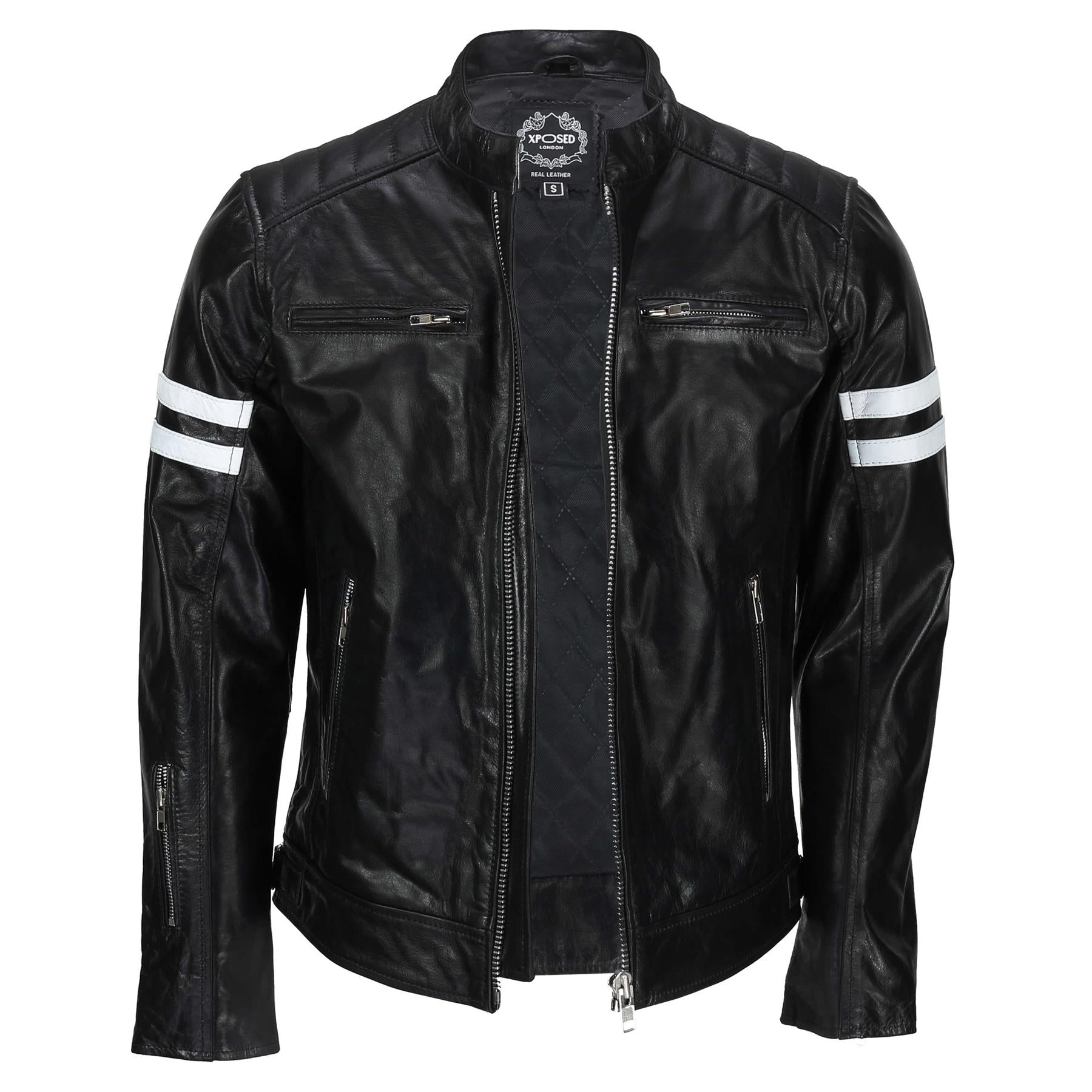 Mens Leather Black White Biker Jacket