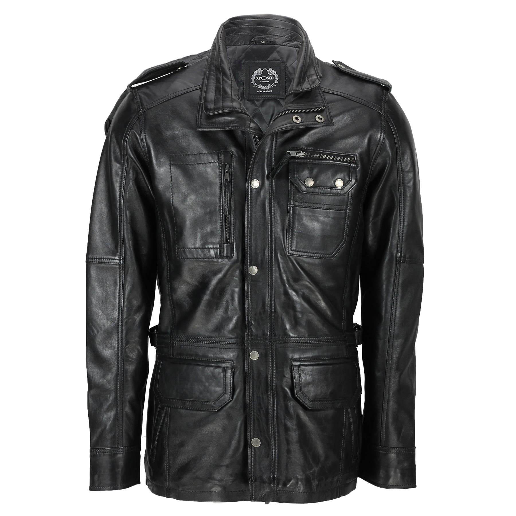 Mens Classic Black Soft Wax Real Leather Smart Vintage Jacket Military Coat