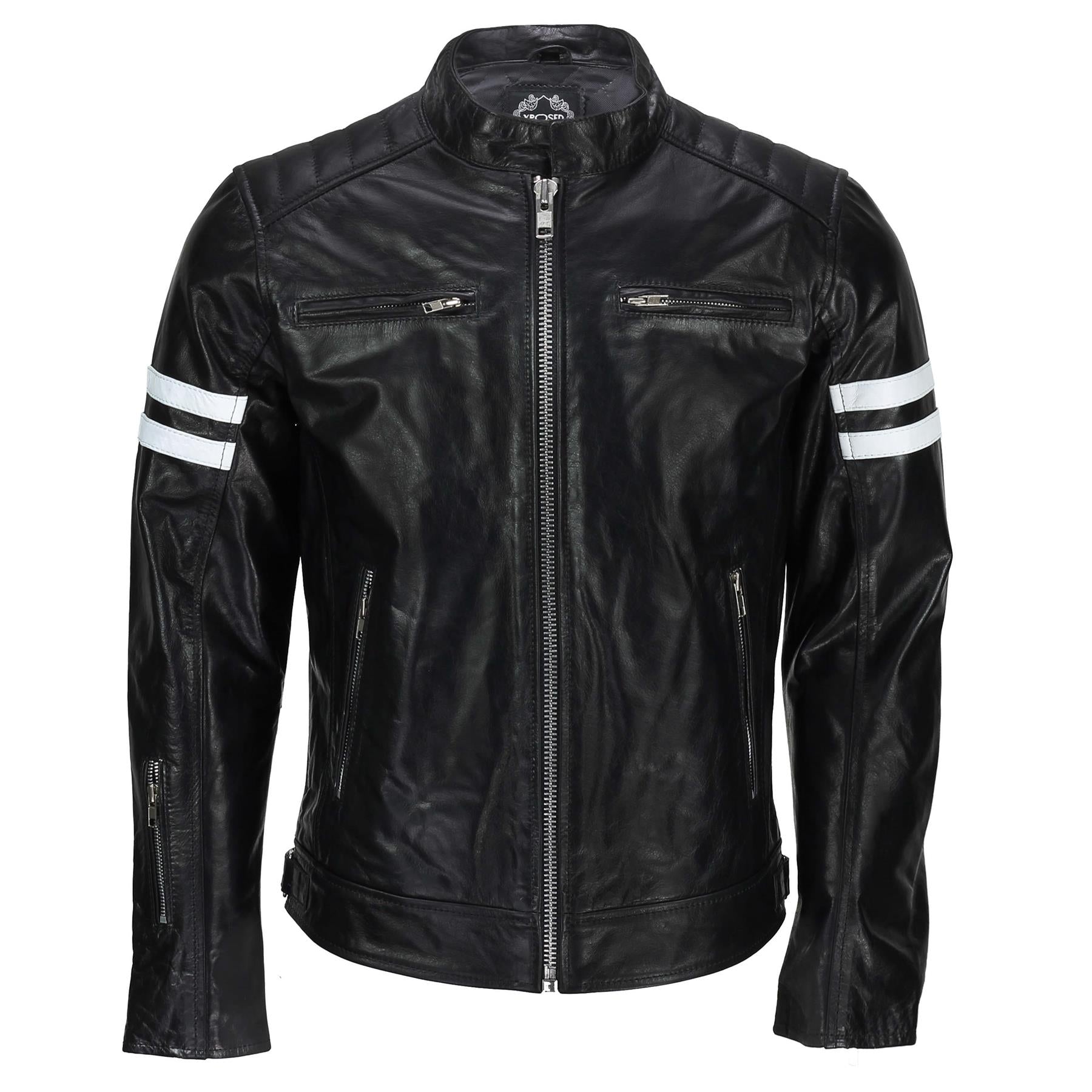 Mens Leather Black White Biker Jacket